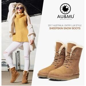 AU&MU Classic Suede 8.5 Sheepskin $495 Winter Boots Shearling Fur SnUGG Snow